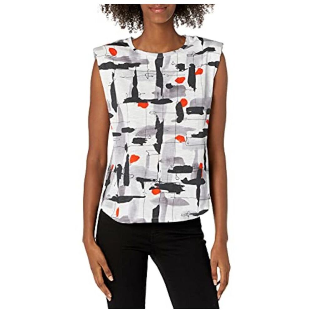 B NEW YORK Womens White Printed Sleeveless Round Neck Tank Top S